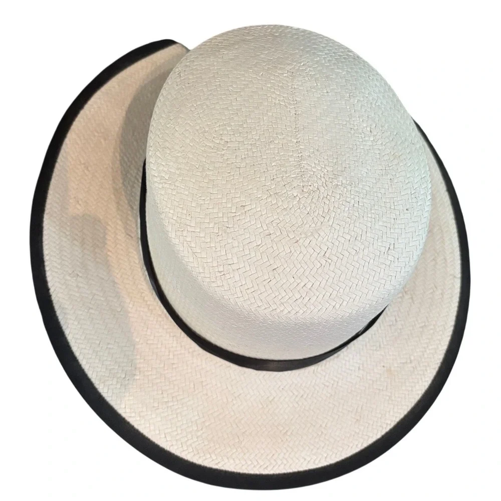 Vintage Cream Straw Boater Hat Black Ribbon Flower Wide Brim Sun Hat Tie Strap